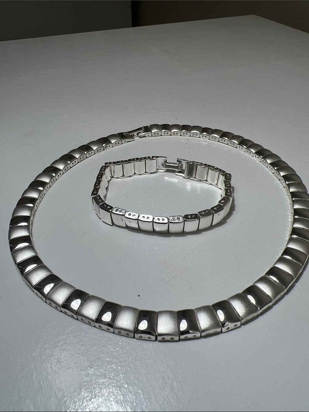 Silver Tone Chunky Link Necklace and Bracelet Set - Vintage Estate